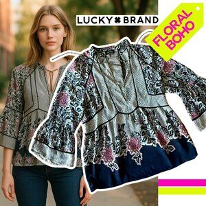Lucky Brand Floral Printed Boho Tassel-Tie Top | M